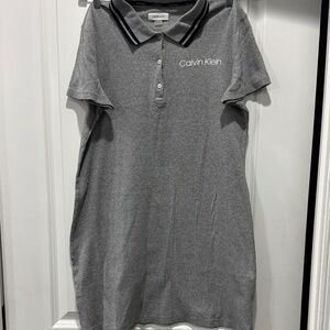 Calvin Klein Light Grey Polo Dress with Striped Black Collar